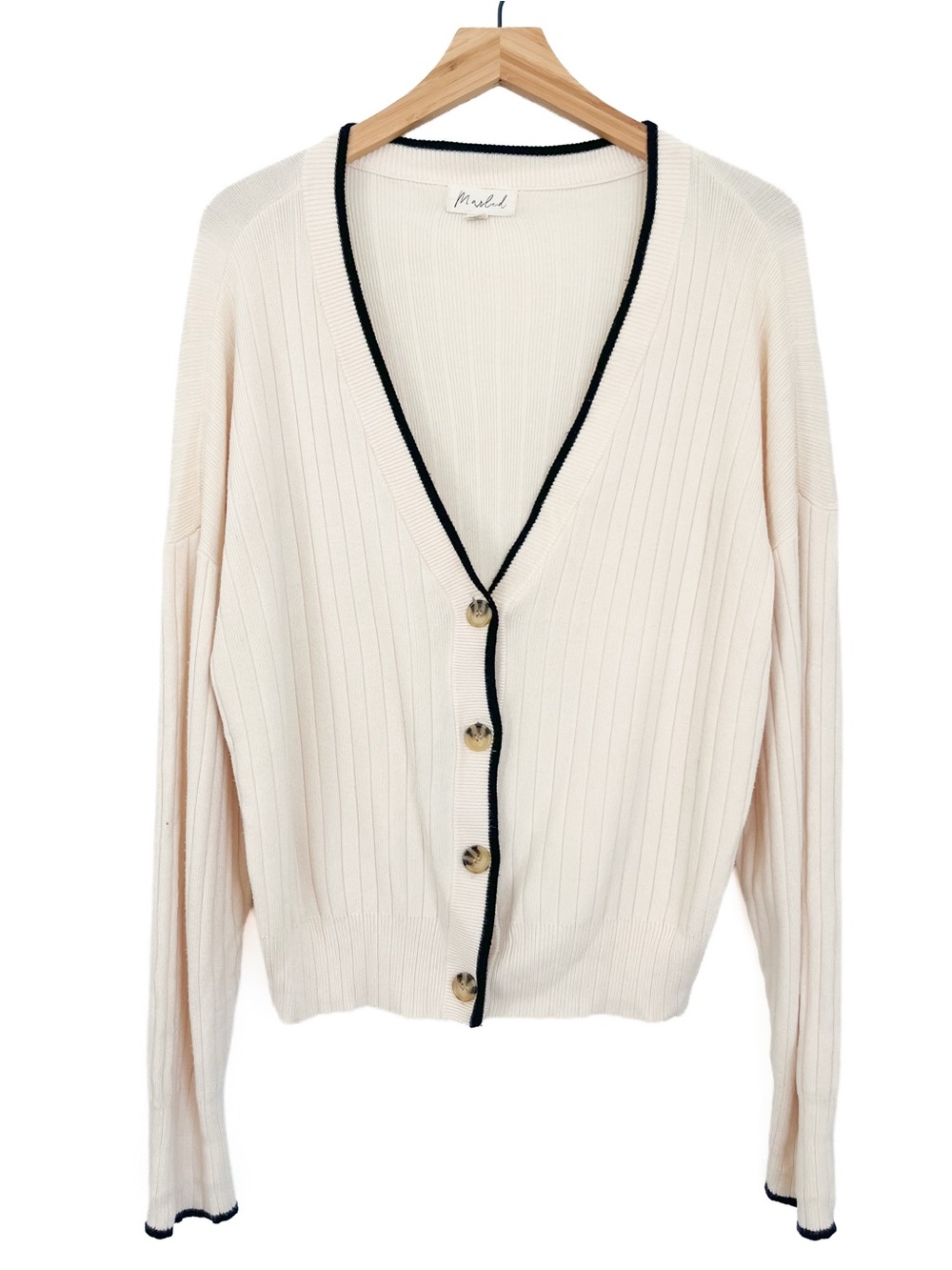 Marled Cream Contrast Trim Ribbed V Neck Button Cardigan Medium